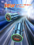 شاحن سيارة USB C بتقنية PD للشحن السريع 4.0 3.0 بقدرة 38 واط لهواتف ايفون 13 و12 وXS وX وXR و8 و7 وشاومي وشحن سريع QC4.0 QC3.0 من النوع C