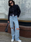 Women's Black Cropped Blazer Stand Collar Button Front Long Sleeve Slim Coat 2026 Spring Casual Daily Fashion Lady Outerwear