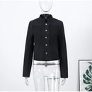 Women's Black Cropped Blazer Stand Collar Button Front Long Sleeve Slim Coat 2026 Spring Casual Daily Fashion Lady Outerwear