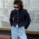 Women's Black Cropped Blazer Stand Collar Button Front Long Sleeve Slim Coat 2026 Spring Casual Daily Fashion Lady Outerwear